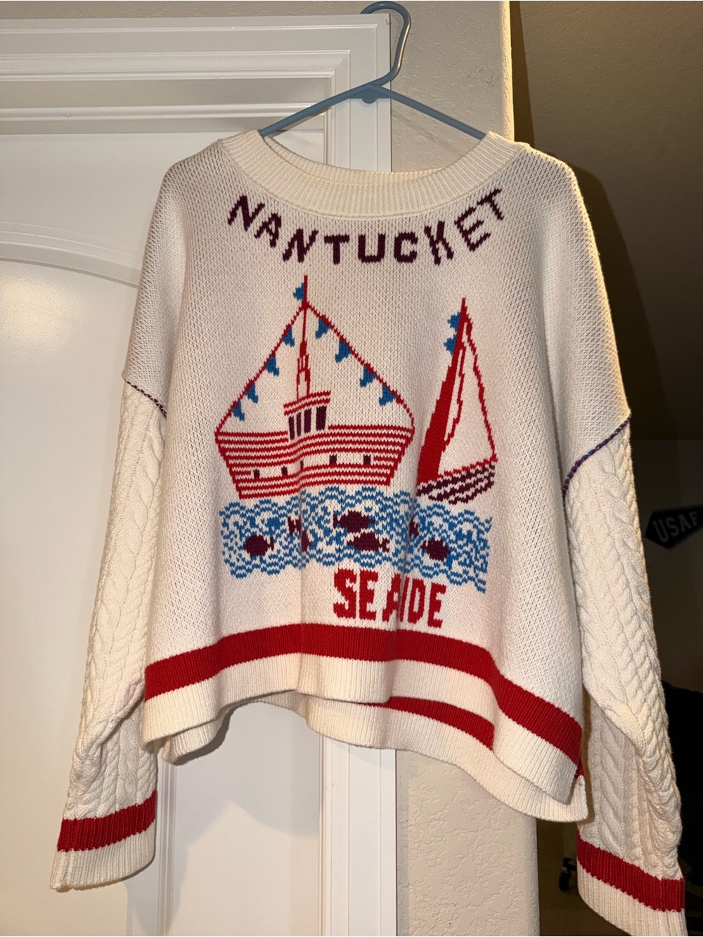 Maeve Cream Sweater with Red & Blue Nautical Graphic